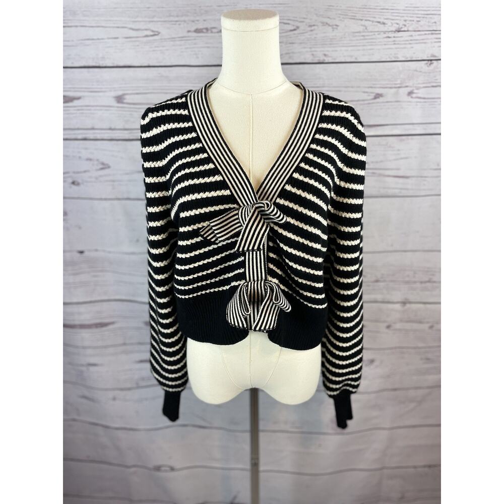EXPRESS Striped V-Neck Bow Tie Cardigan Sweater Black White Size M